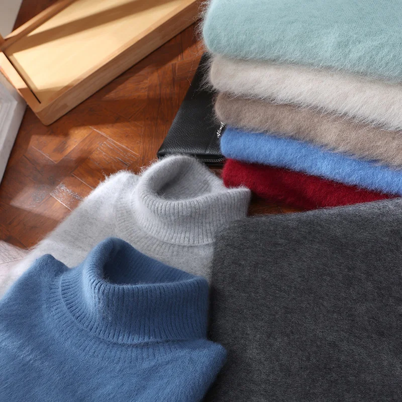 Fall/Winter Turtleneck 100% Pure Mink Cashmere Sweater Men's Loose Lapel Thick Sweater Knitted Solid Color Bottoming Shirt