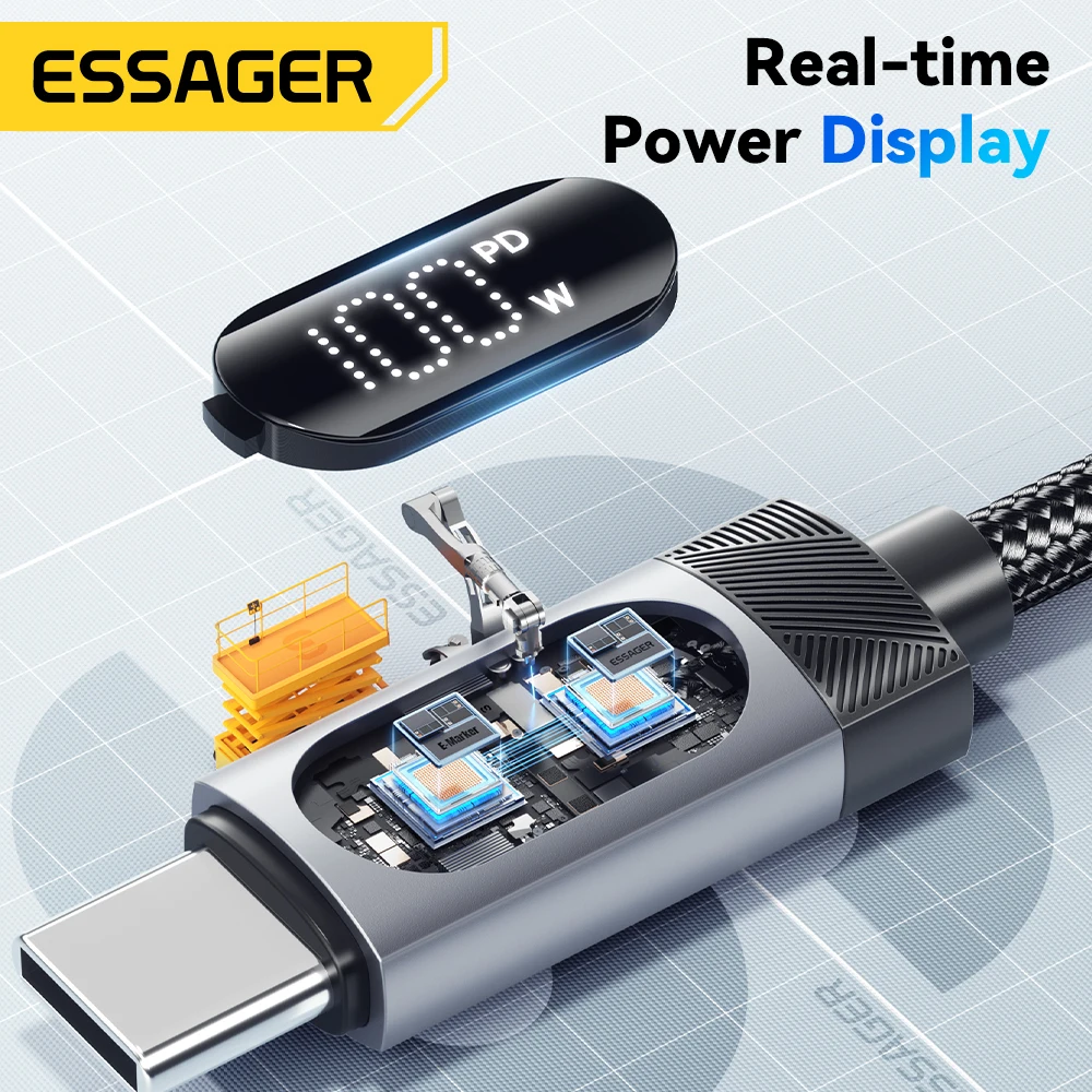 Cable USB C de pantalla Digital Essager para iPhone 17 16 15 Xiaomi Huawei 100W PD carga rápida para Macbook iPad Cable tipo C a C - imagen 2