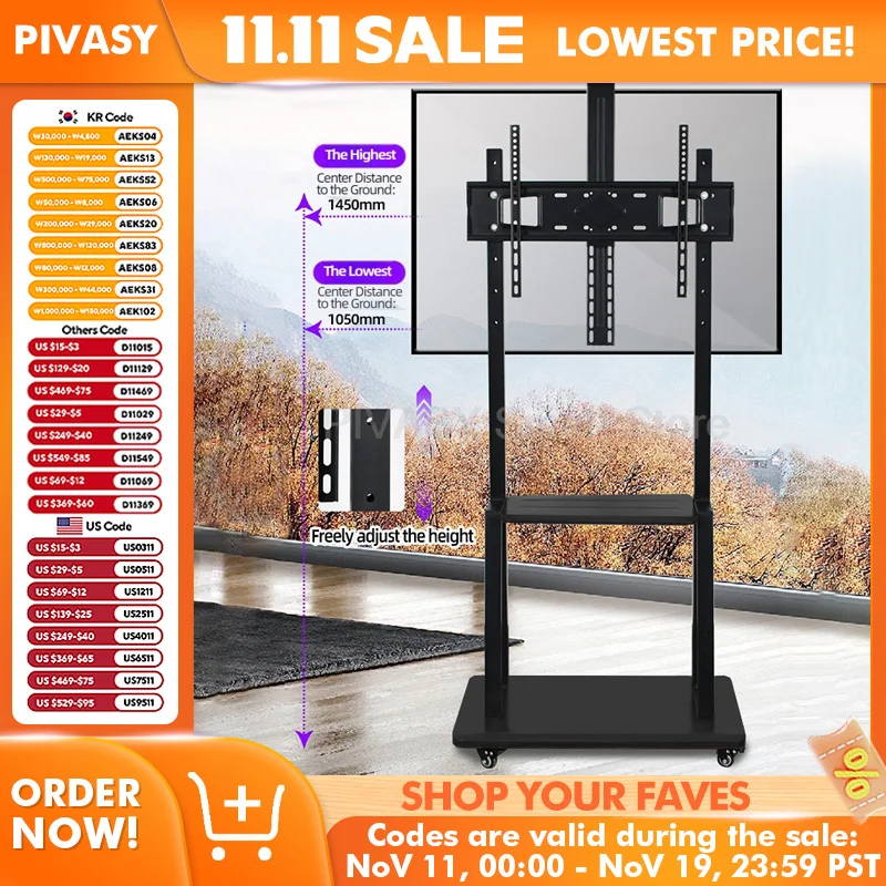 テレビモバイルスタンド一体型テレビラックフロア会議ライブストリームディスプレイムーバートロリー（32～70インチ対応、冷間圧延鋼板製、耐荷重80KG）