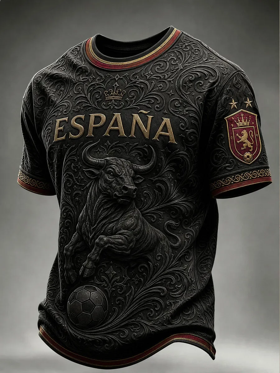 3D Printed Spain Soccer Jersey Black Vintage Ornate Floral Print Charging Bull Football Graphic Lion Crest Casual Fan Top