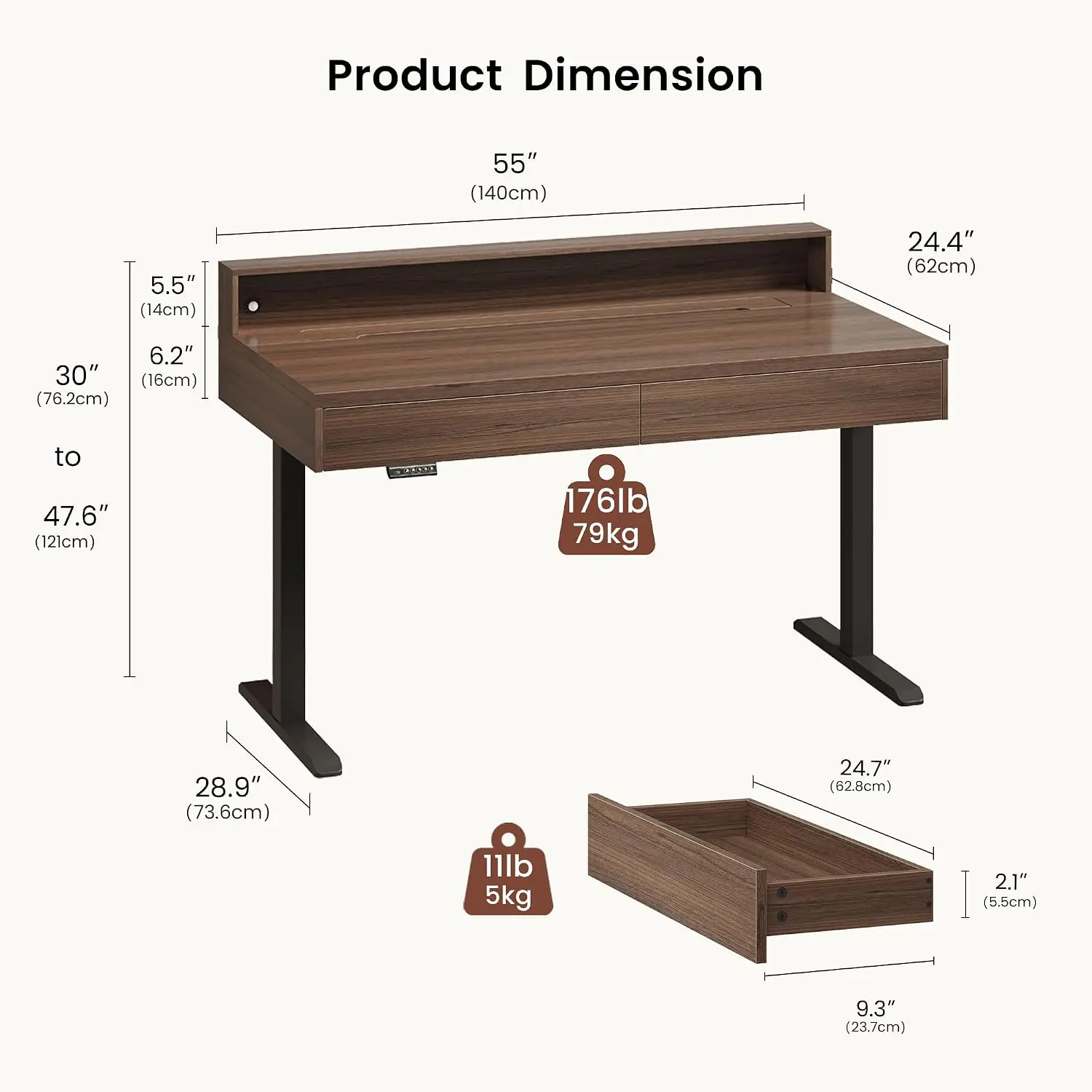 Electric Height Adjustable Desk with Drawers & Hidden Storage, Motion Light, Power Outlet, Monitor Shelf, 55 Inch, Customized