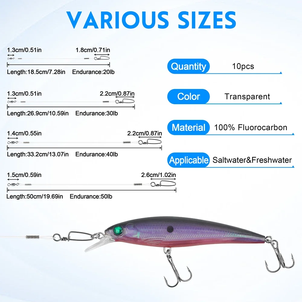 10Pcs Fluorocaron Fishing Leaders 20LB-50LB Fluorocarbon Wire Leader Line with Swivel and Snaps Connect Tackle Lures Rig or Hook