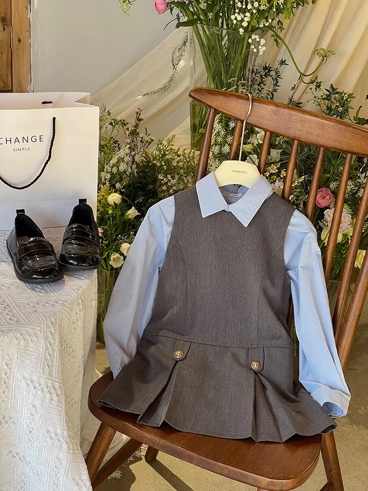 سترة فستان الربيع والخريف موضة كورية جديدة مزاجه نمط الكلية سترة فستان بلون قميص ملابس الاطفال