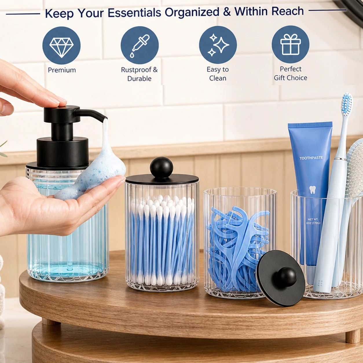 4Pcs Bathroom Accessories Set, Farmhouse Bathroom Counter Organizer with Foaming Soap Dispenser, storage Jars, Toothbrush Holder