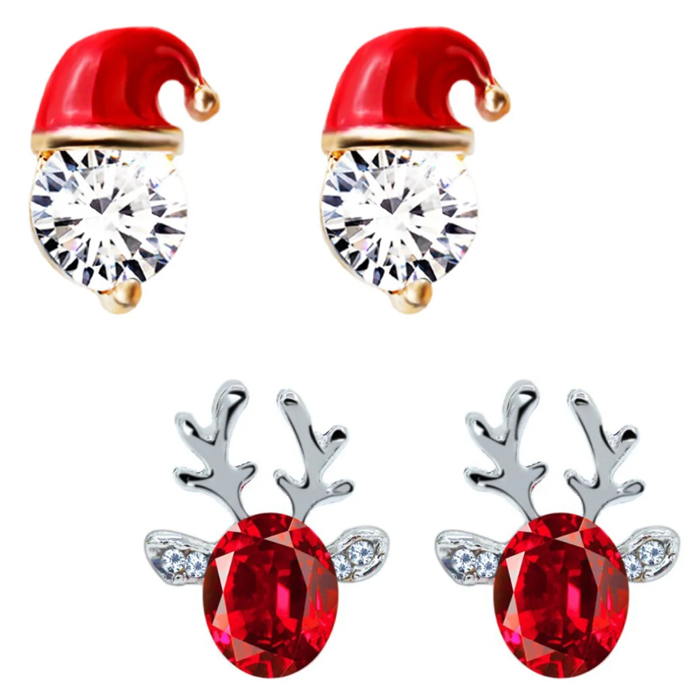 2 Pairs Santa Hats Christmas Earrings Women Gift Korean Version Deer Antler Stud Miss