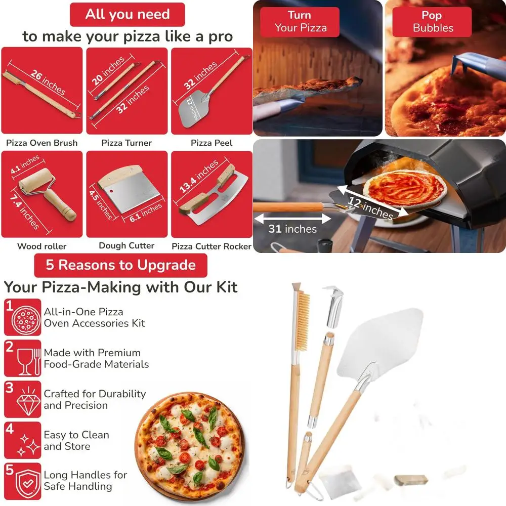 

Home Pizza Pro Kit: 6 Essential Tools - Peel, Brush, Turner, Cutter, Roller, Scraper