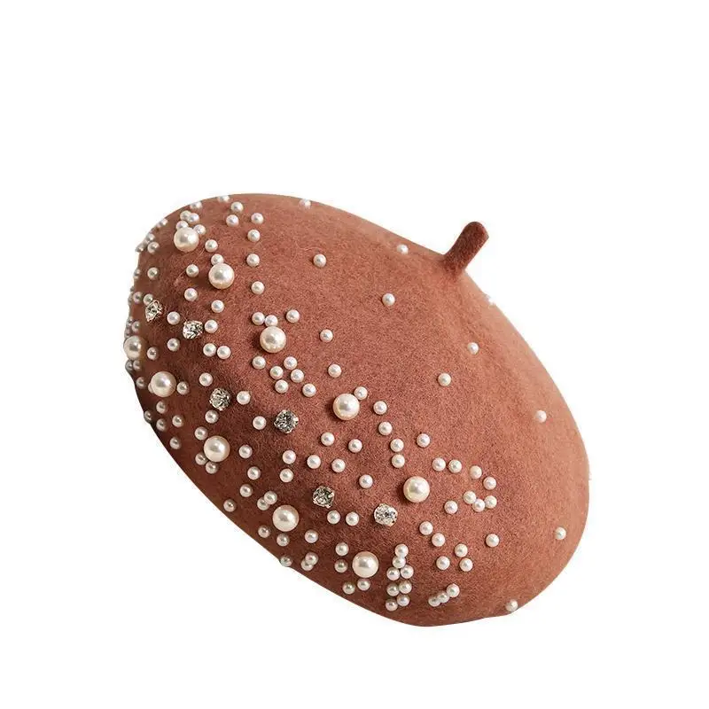 

Pink Purple Red Soft Wool Felt Beret Cap for Women Fashion Street 2025 Autumn Wool Painter Cap Keep Warm Pearls Studded Gorros