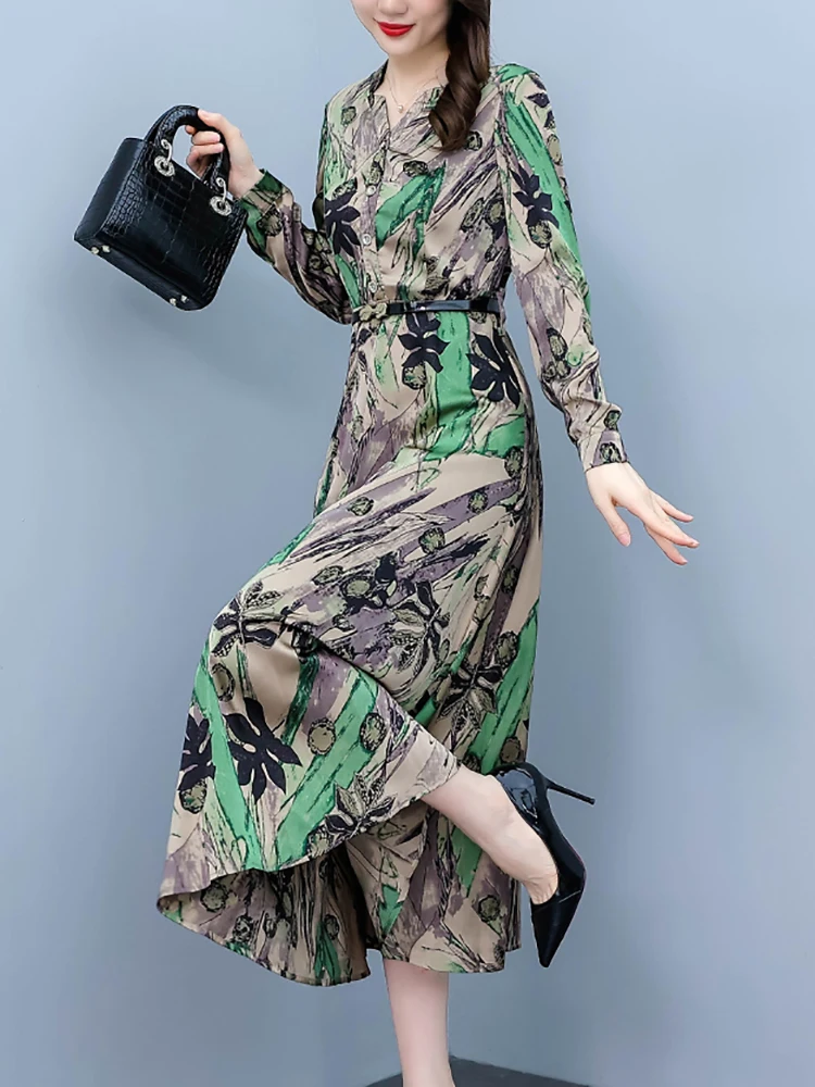 Wiosenne jesienne satynowe szlafrok z długim rękawem damskie na co dzień szykowne, luksusowe sukienki Midi na studniówkę 2024 eleganckie Bodycon wieczorowe Maxi Vestidos