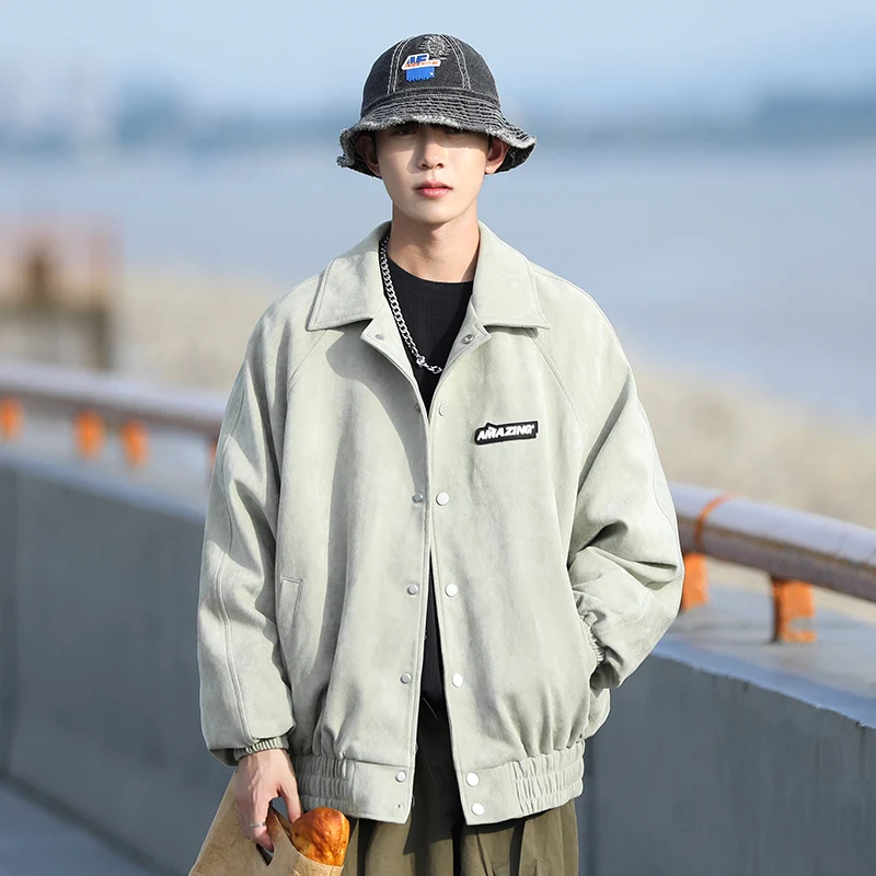 

Мужская замшевая куртка свободного кроя с отложным воротником, осенняя новинка, трендовый бренд, ветрозащитное пальто с длинными рукавами