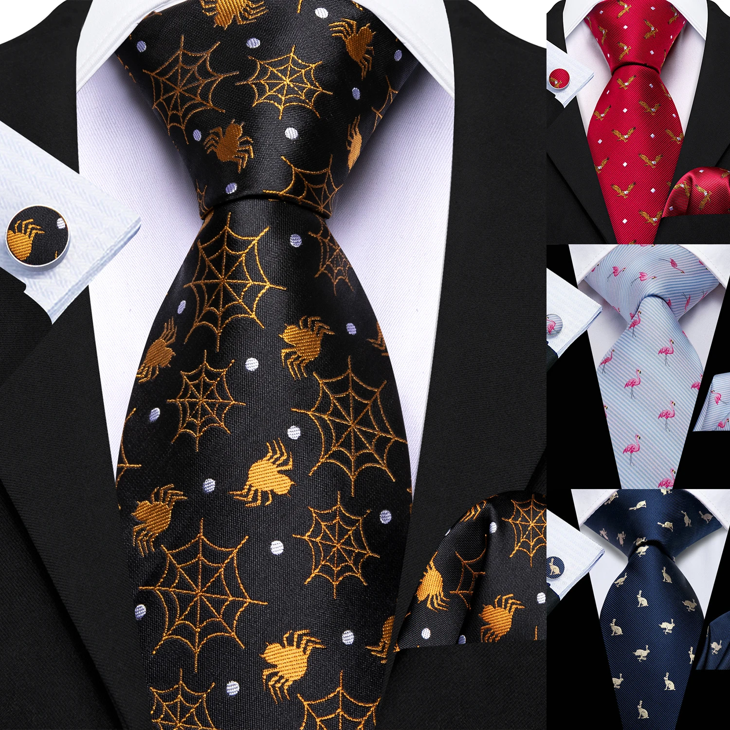Novedoso Set de Corbata y Pañuelo de Bolsillo para Hombre con Diseños de Animales Tejidos: Flamenco, Araña, Conejo, Gato, Águila, Murciélago, Pingüino, para Bodas y Fiestas