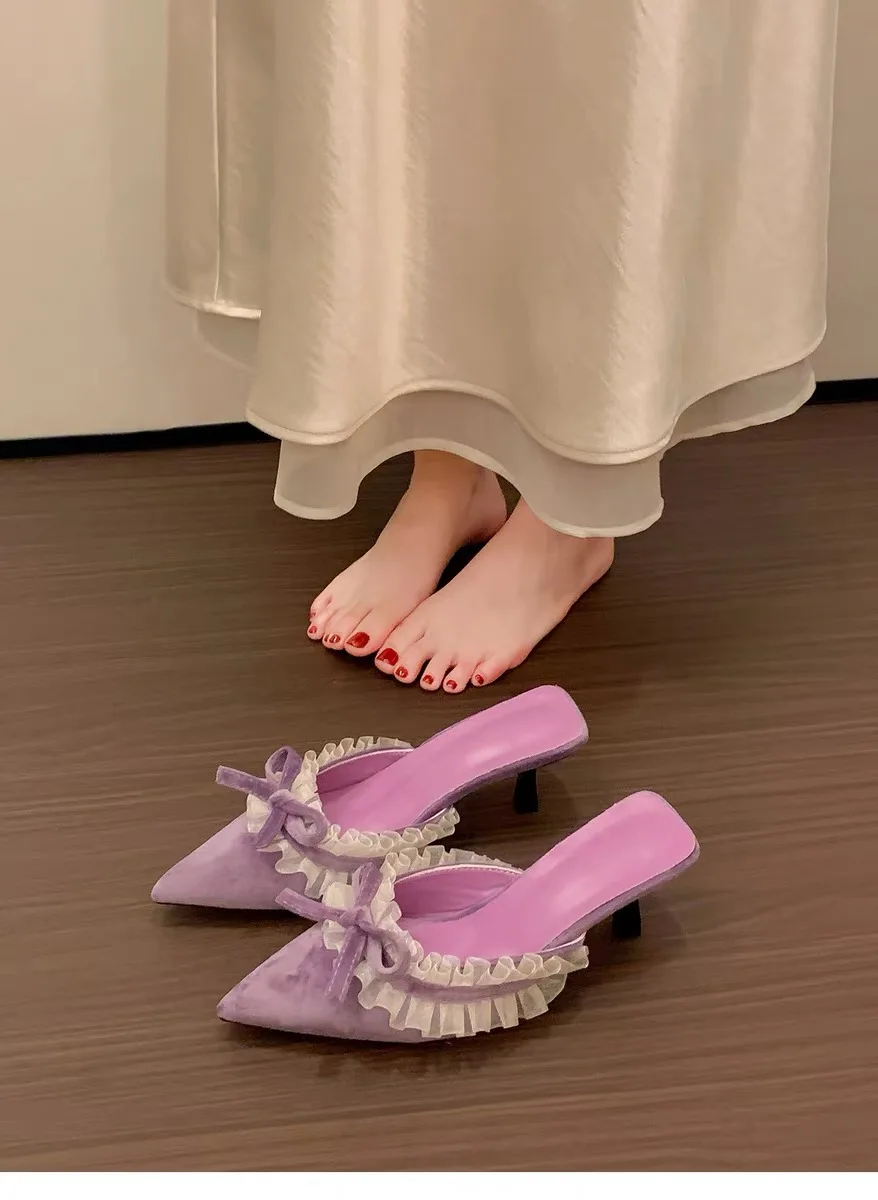 Spitze Schleife Damen Pantoletten Spitze Zehenpartie Hohe Absätze Sandalen Mules Elegante Abendschuhe Slingback Pumps Lässige Flip-Flops Mujer – Detail 5