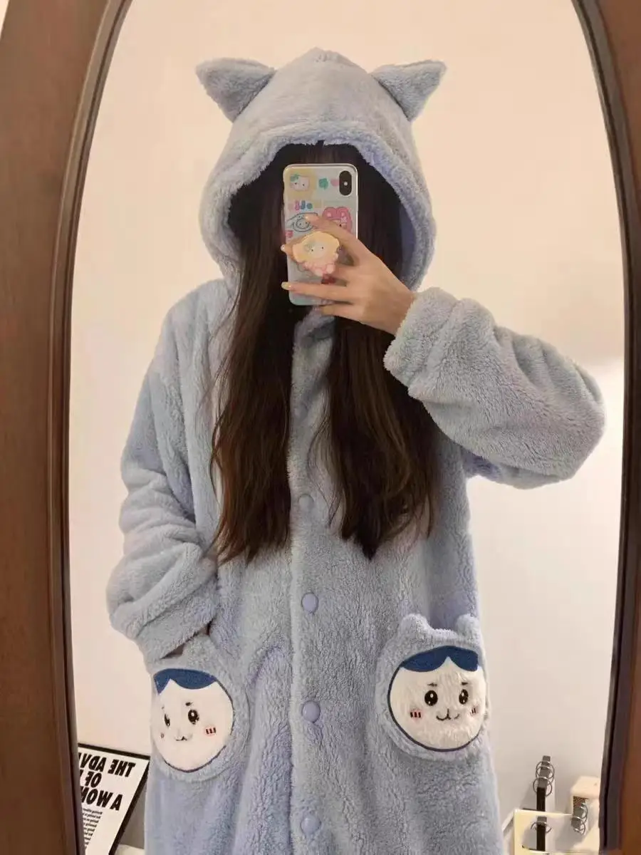 Chiikawa Animation Hachiware Usagi Pajama Girl Winter Plus Velvet Thickened New Hooded Nightgown Warm Home Clothes