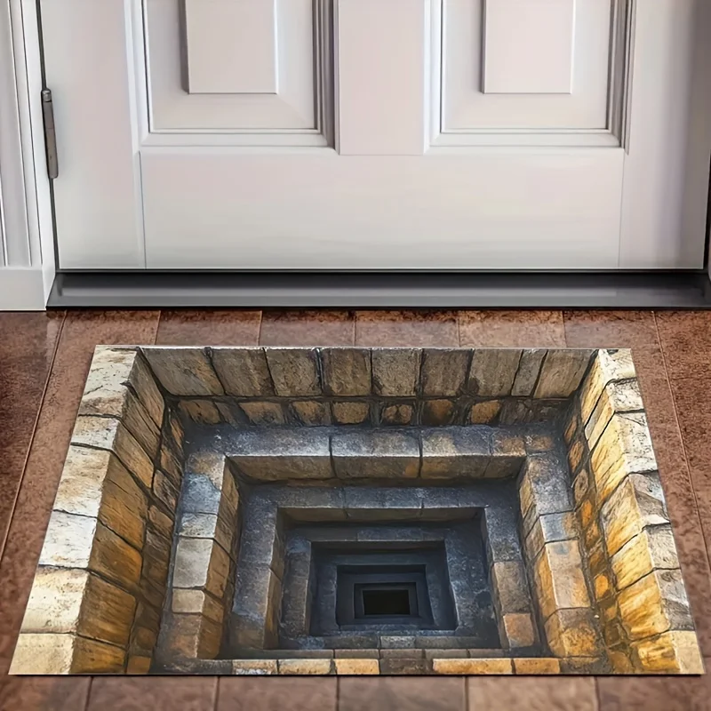 3D Stone Well Flannel Rug Printed Carpet Indoor Decorative Entryway Floor Mat Anti Slip Soft Optical Illusion Design