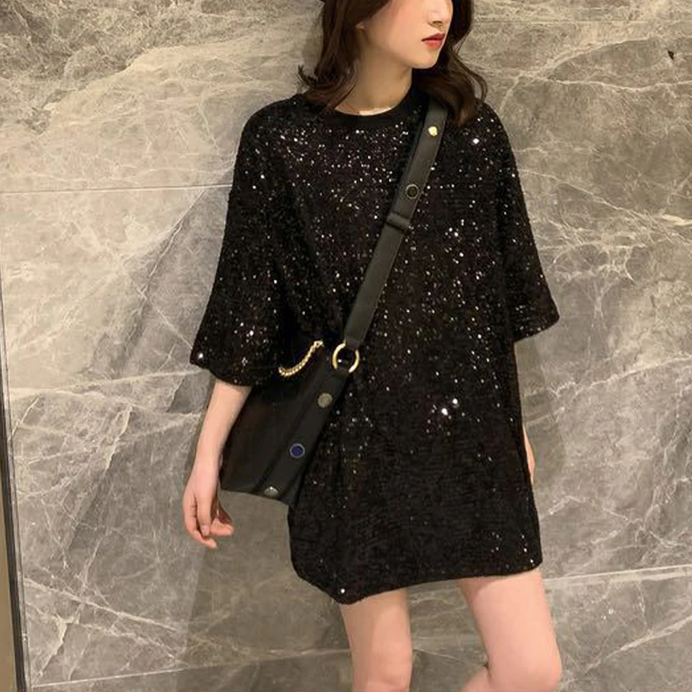 Fashion Sequin Embroidery Top Women T-shirts Dress Three-quarter Sleeve Loose Plus Size Solid Color T Shirt Clothing