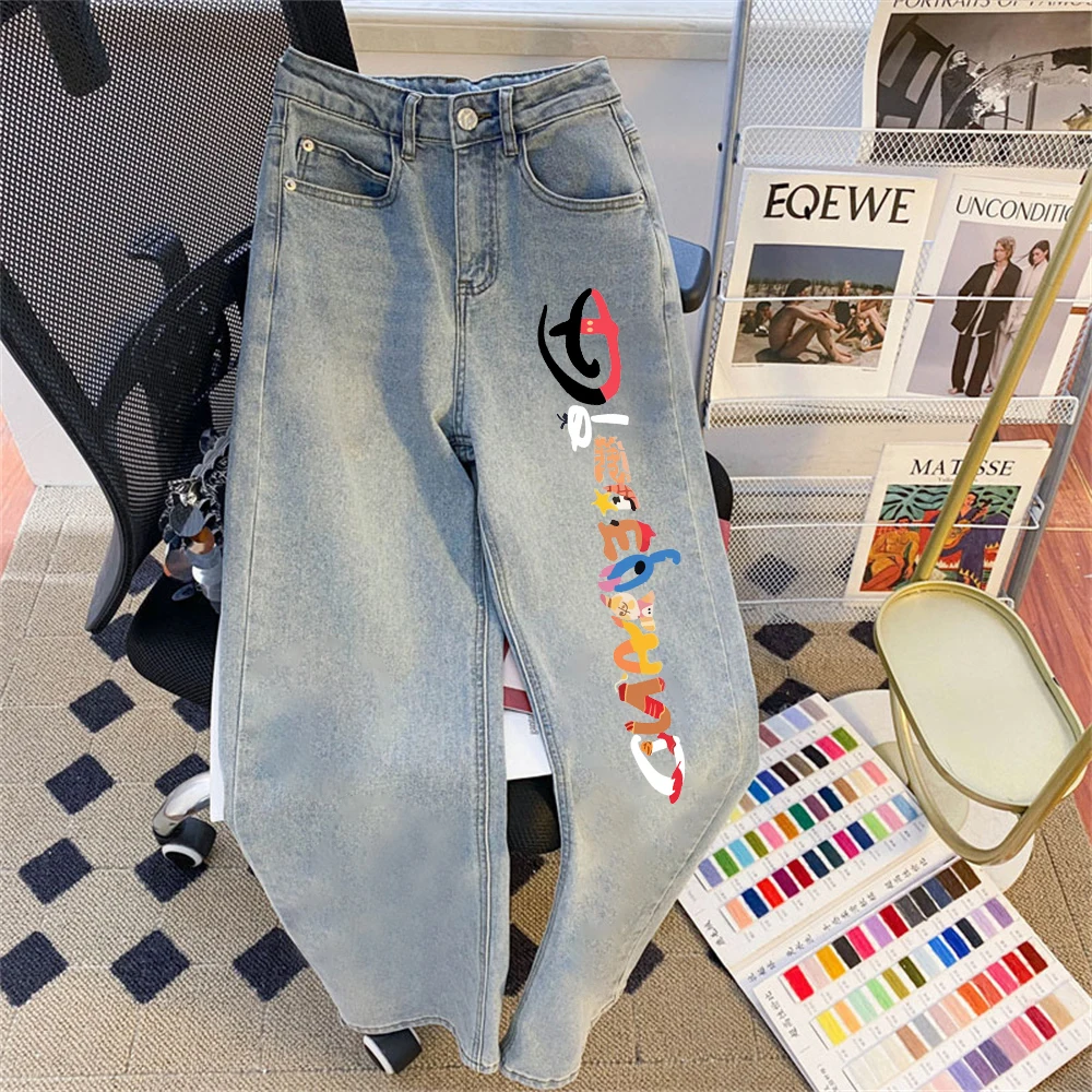 

Vintage Feel Straight Leg Distressed Denim Jeans Loose Fit Printed Women's Summer Fashion Wide Leg Long Pants Casual Wear