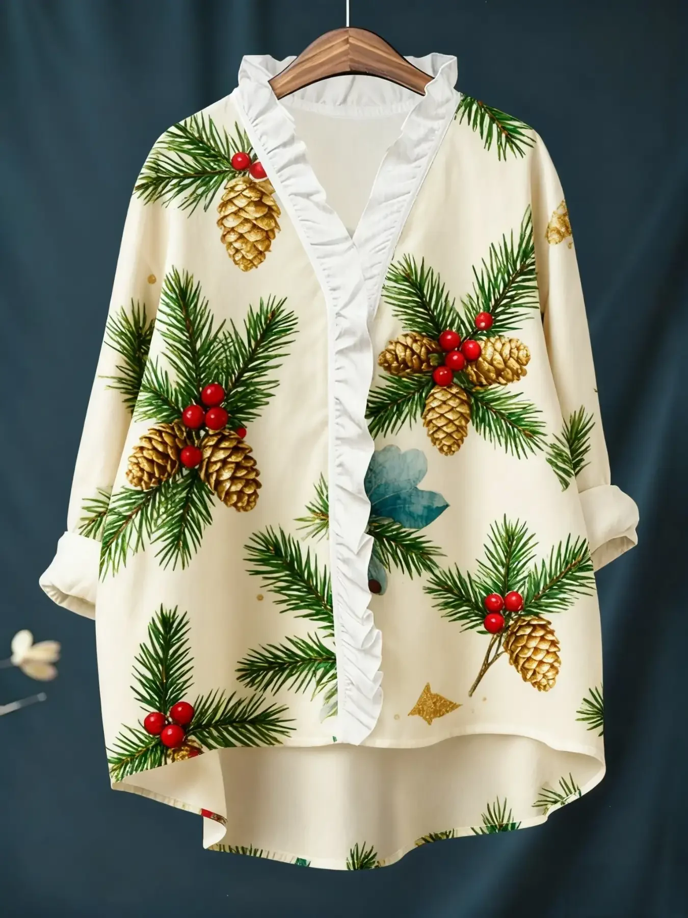 

Women's Christmas digital printed new long sleeved shirt with ruffled collar, Christmas gift print for packaging pine cones