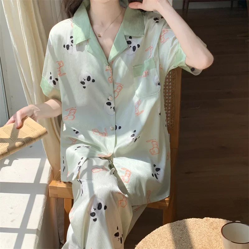 

Panda Printing Women's Pajamas Set Korean Cartoon Sleepwear 2 PCS Top and Pants Homewear Satin Silk Casual 2 Pieces Pajama Set