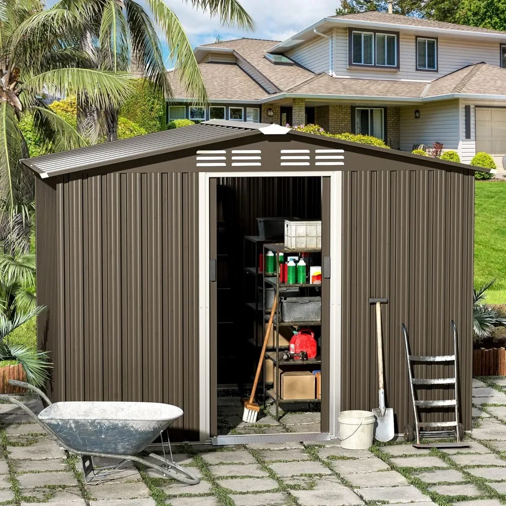 8FT x 6FT Metal Storage Shed with Lockable Sliding Doors and Air Vents, Outdoor Utility and Tool Storage for Garden, Backyard