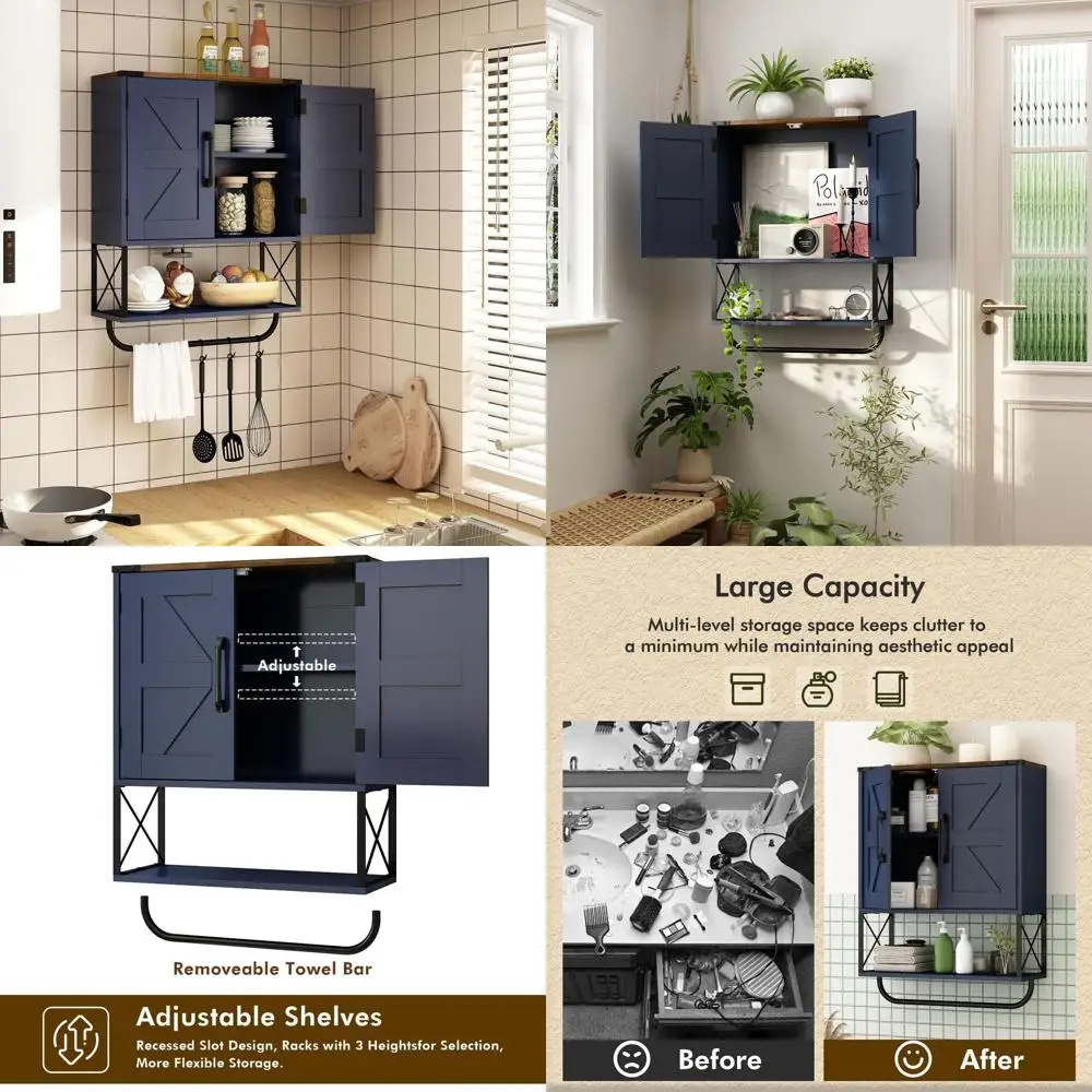 

Double Barn Door Wall-Mounted Medicine Cabinet with Adjustable Shelf & Towel Bar, 3-Tier Storage in Navy Blue & Walnut
