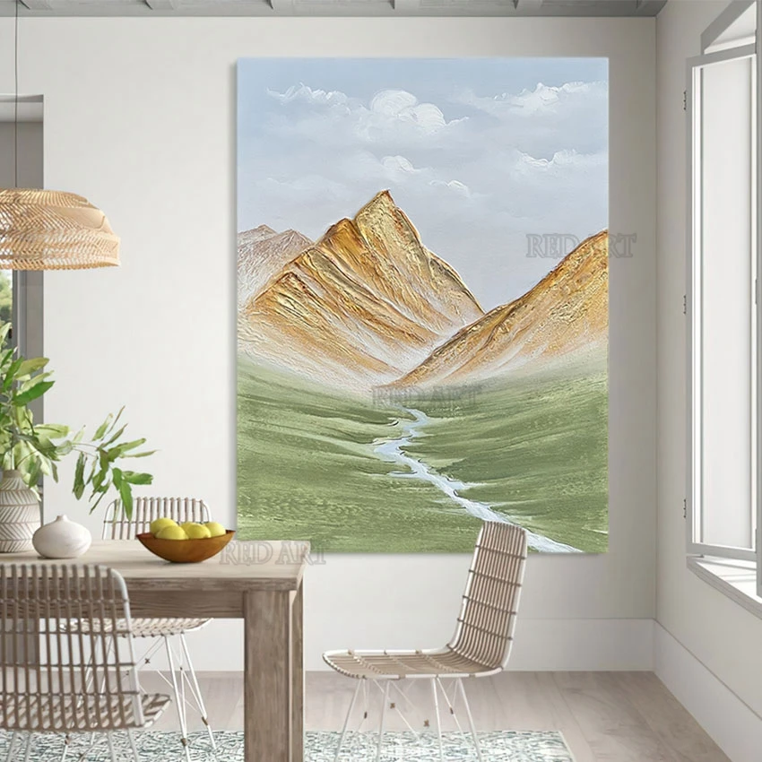 Hand Painted Golden Mountain Landscape Oil Painting, Texture Acrylic Artwork, Crafts, Modern Murals Wall Art,  Frameless