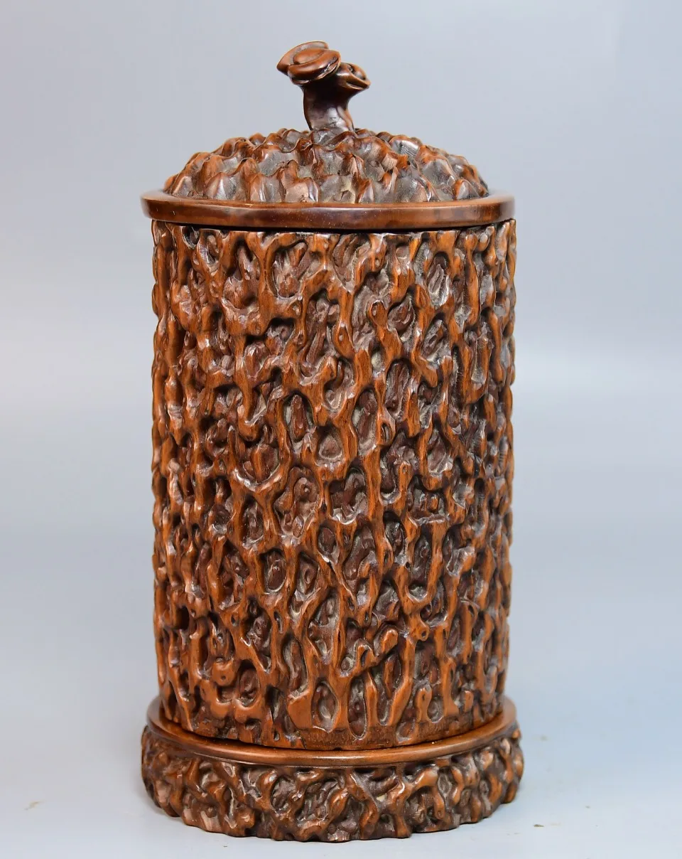 Tibetan Temple Collection Old Boxwood Lingzhi Cover Tree root texture tea canister storage box Town house Exorcism