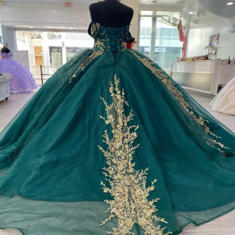 Emerald Green Shiny Sexy Off the Shoulder Beaded Appliques Quinceanera Dresses For Girl Shinning Ball Gown Dress For Sweet 15 16