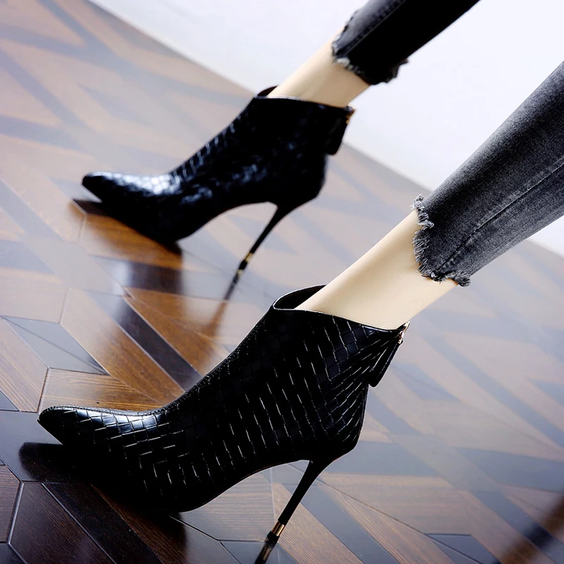 

Pointed Woven V-mouth Back Zipper Women's Boots Spring Autumn Chelsea Short Boots PU Leather Boots Shoes For Women Knight Boots