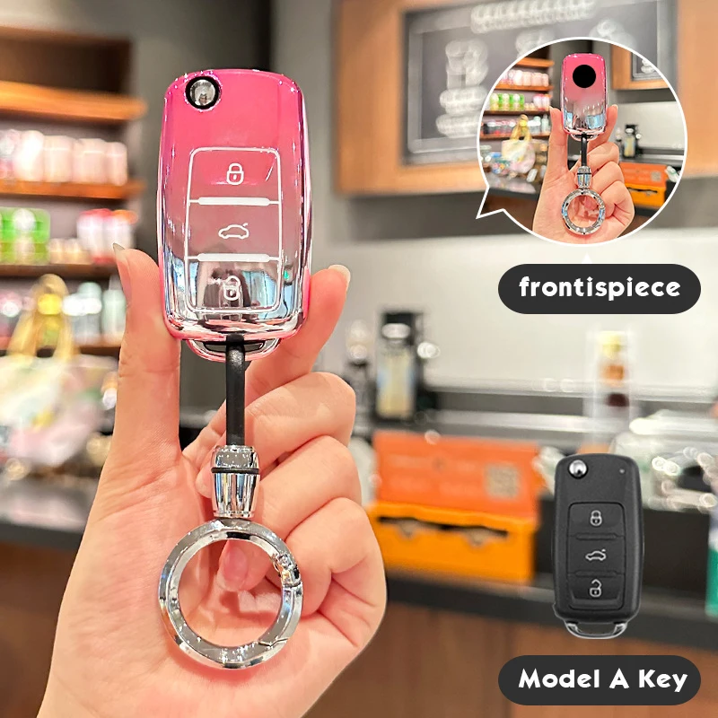 

Sakura Pink Tpu for Volkswagen Vw Jetta Golf Passat Beetle Skoda Polo B5 Mk6 FLIP Car Key Case Cover FOB BAG Keyring Accessories