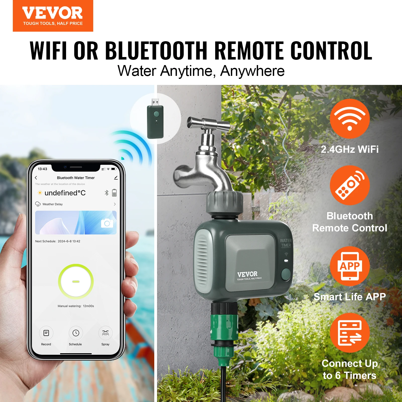 VEVOR WiFi Sprinkler Timer Single / Two Outlet Smart Hose Faucet Water Timer APP Control / Voice Control, IPX6 for Yard Watering