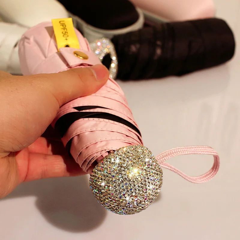 مظلة صغيرة فاخرة من حجر الراين الماسي مكونة من 5 أضعاف للنساء مقاومة للرياح وواقية من الشمس ومظلة محمولة للسفر وخفيفة الوزن