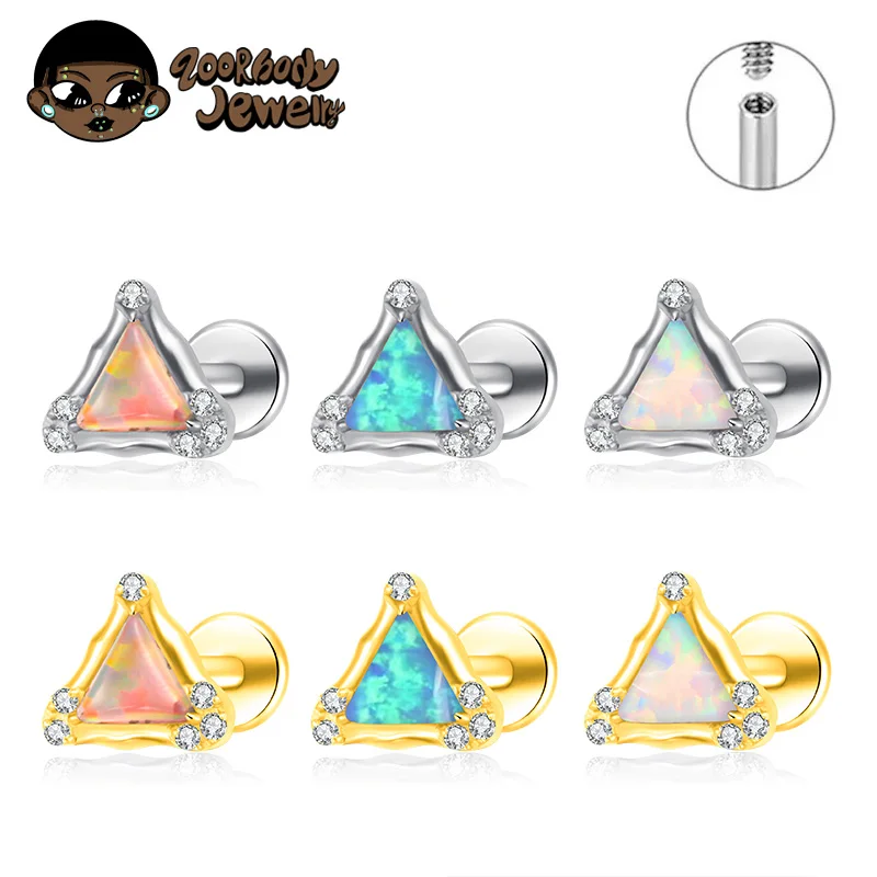 

ASTM F136 Titanium Irregular Triangle Opal Triangle Internally Threaded Labret Ear Conch Helix Cartilage Tragus Lobe Earring