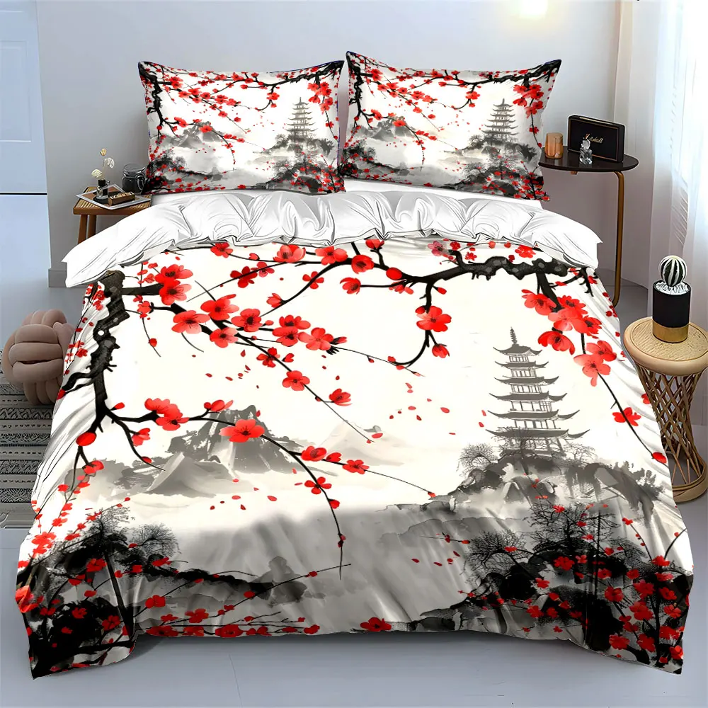 Red plum blossoms and elegant scenery Print Bedding set 3PC 1 duvet cover 2 pillowcases adult and children bedding set Luxury