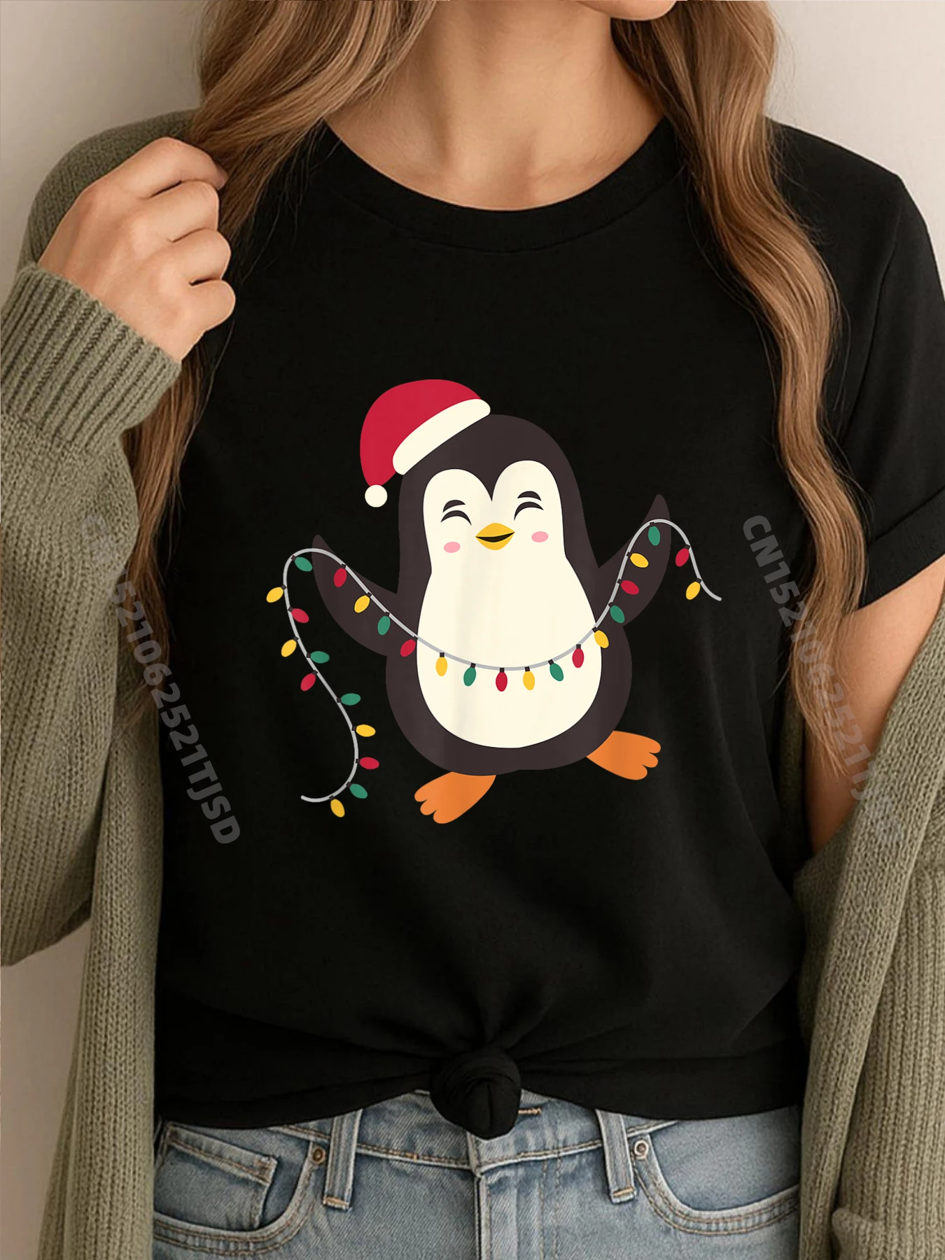 

Pajamas Cute Penguins Xmas Santa Lights Christmas Black Graphic Tees Men's Clothes Family