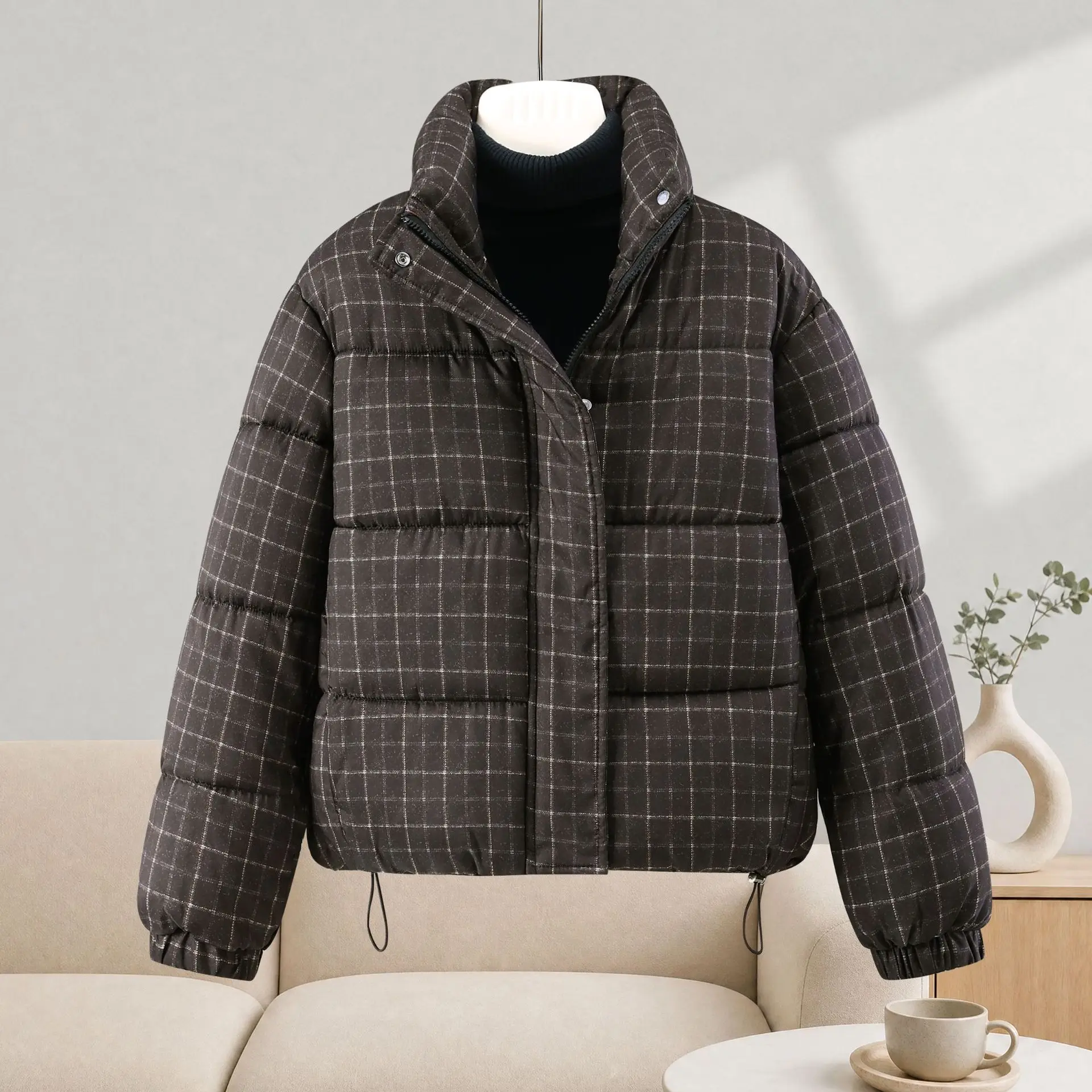 Women's Winter Stand-collar Short Parkas Fashion Plaid Printed Cotton-padded Jacket Thicken Warm Coat Lady Casual Outerwear
