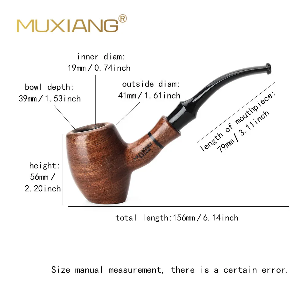 MUXIANG imported rosewood tobacco pipe 3MM filter element curved handle desktop pipe bowl diameter 20mm bowl depth 40mm