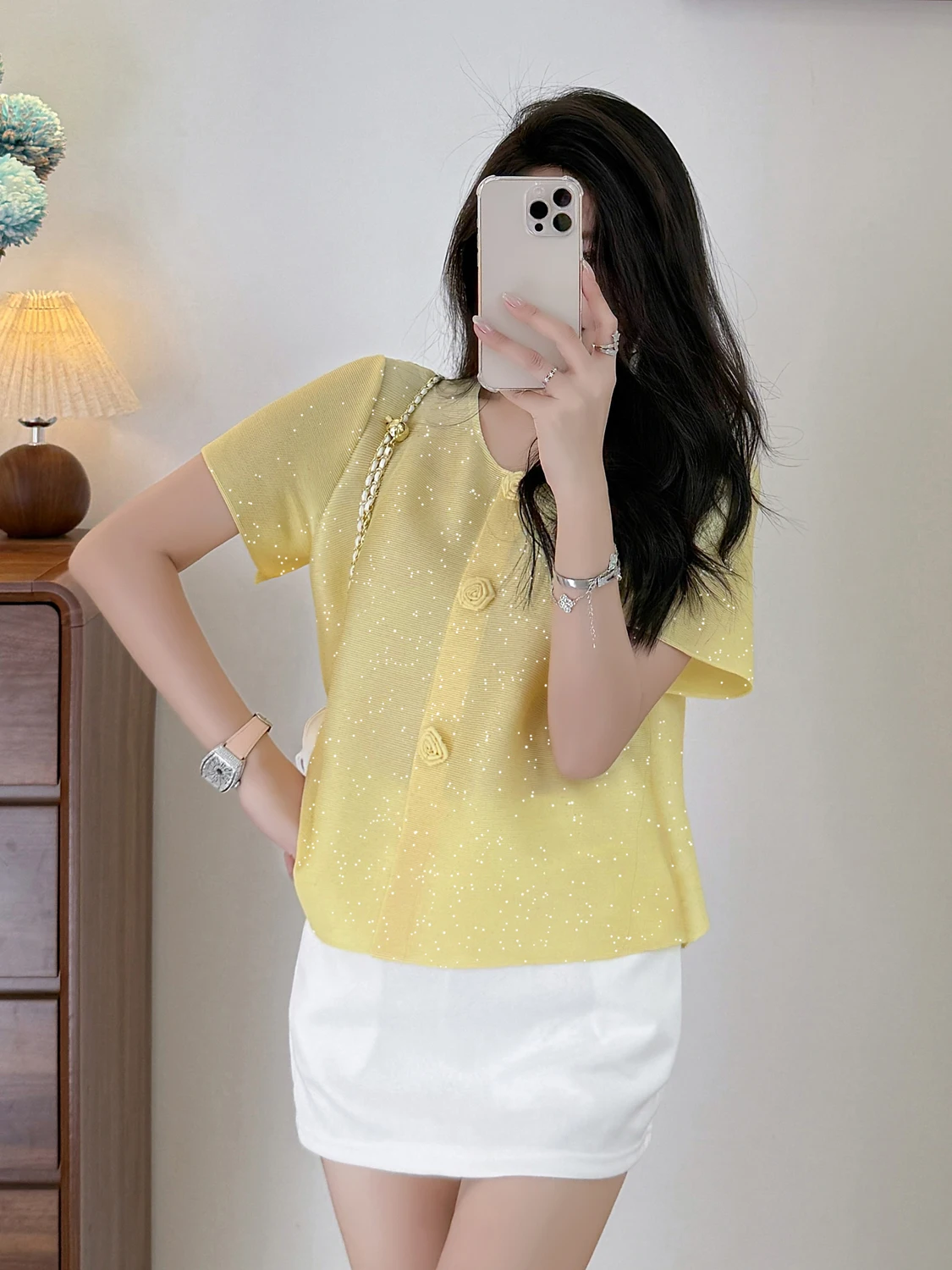 Slimming Short Sleeve Shirt Three Houses Style Single Rose Button Pleated Women's Top Polyester Fabric round Neck Regular Length