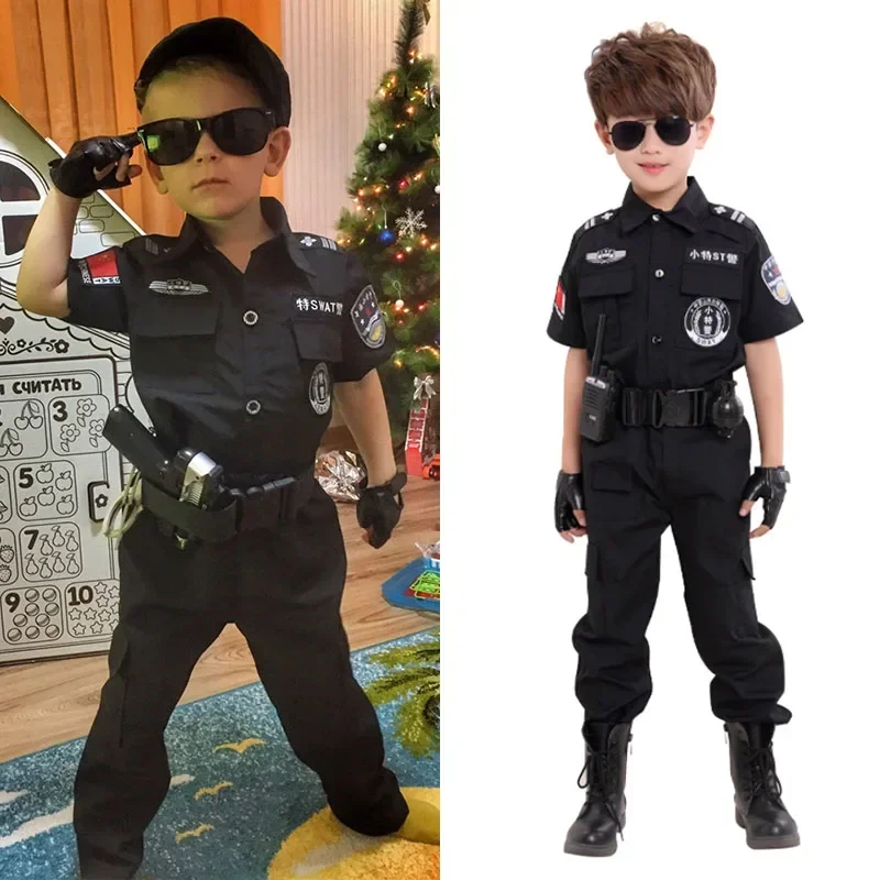 Cosbao Kids Policeman Costumes Children Halloween Party Carnival Police Uniform 110-160cm Boys Army Policemen Cosplay Clothing S