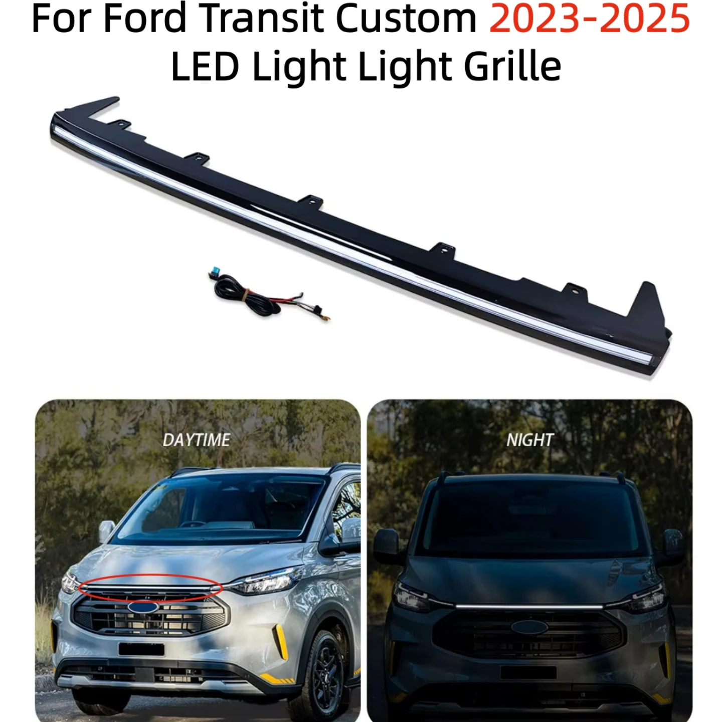 Car LED Front Grille Light Bar For Ford Transit Custom 2023 2024 2025 Waterproof Exterior Grille Trim Automotive Accessories