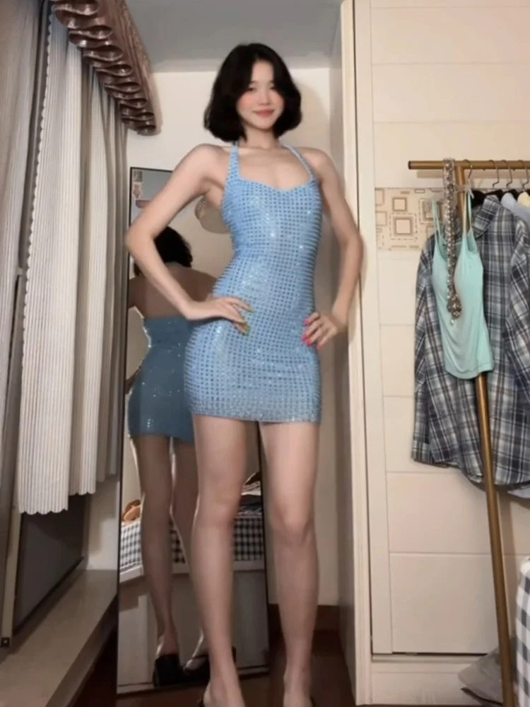 

Sexy Short Skirt with Diamond Embellishment for plus Size Women Summer Sensual Waist Shaping Bodycon Dress Hanging Neck