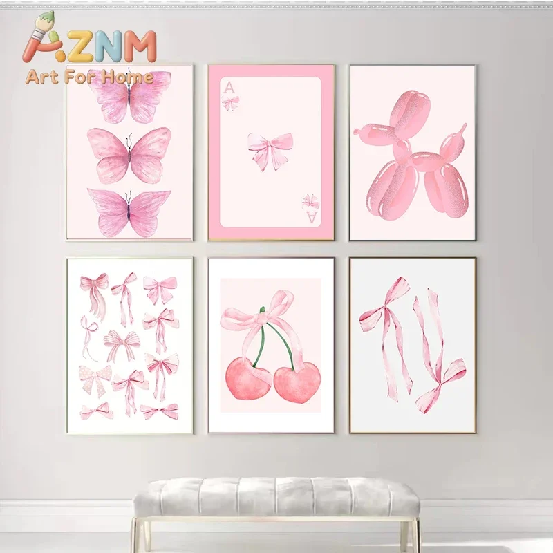 Trendy Pink Bows Preppy College Watercolor Bows Coquette Girly Poster Print Wall Art Canvas Painting Pictures Room Home Decor