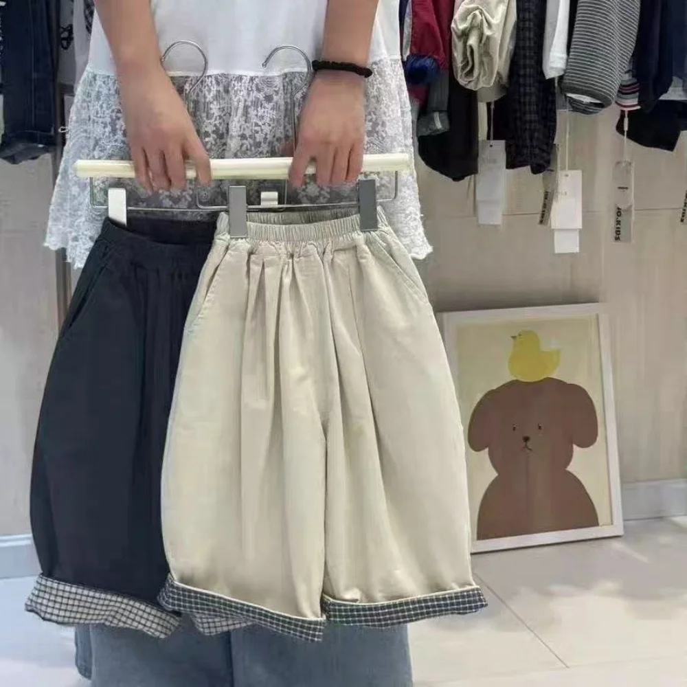 

Children's Korean Casual Pants 2026 Spring New Fashionable Boys' Pure Cotton Cuffed Checkered Pants