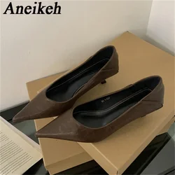 Aneikeh 2026 Spring Brown Retro Design Woman Pumps Pointed Toe Thin Low Heels Elegant Party Female Shoes Zapatos De Mujer