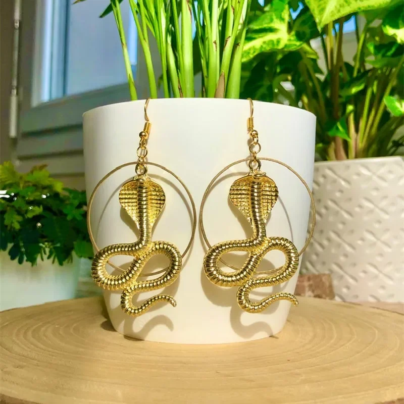 Gothic Snake Cobra Gold Color Earrings Dangle Drop Witch Circle Hoop Statement Rock Punk Jewelry Women Fashion Lovers Gift Trend