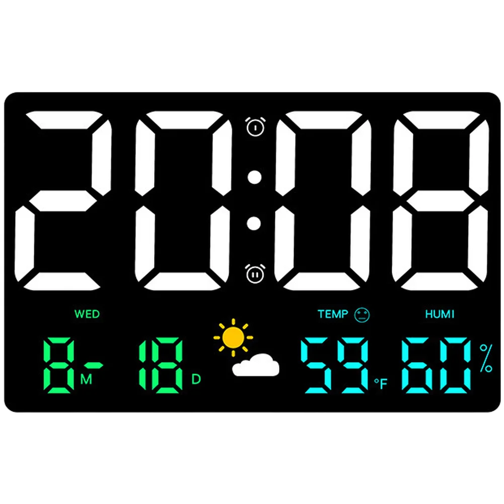 LED Wall Clock with Multi-Function Digital Display Including Time Date Week Weather for forecast Temperature and Humidity Data