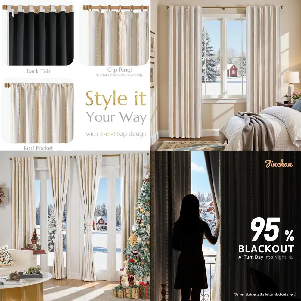 

84 Boho Style Xmas Curtains with Gold Geometric Print on Off-White, Farmhouse Rod Pocket Drapes for Bedroom Darkening