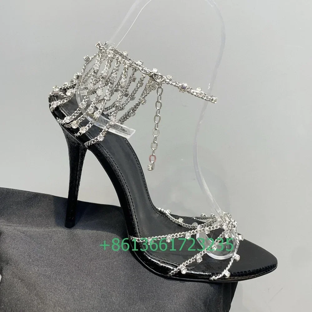

Metal Chain Crystal Women Sandals Rhinestone Ankle Strap Shiny Sexy High Heels Stiletto Heel Summer New Fashion Wedding Sandals