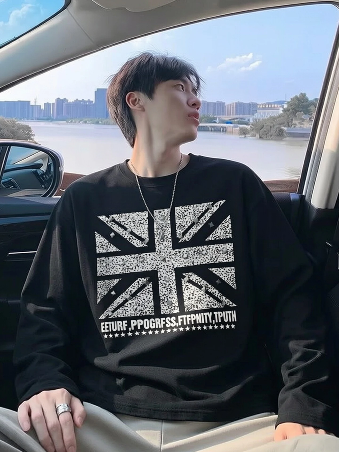 Men's Loose Fit Long Sleeve T-shirt with Flag Print Base Layer Top Spring Autumn American Street Style Fashionable Casual Wear