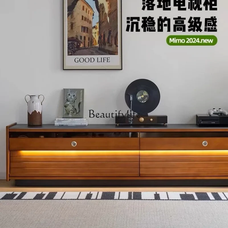 

1LRetro Nordic solid wood floor-to-ceiling TV cabinet storage locker integrated living room French boxwood ancient style