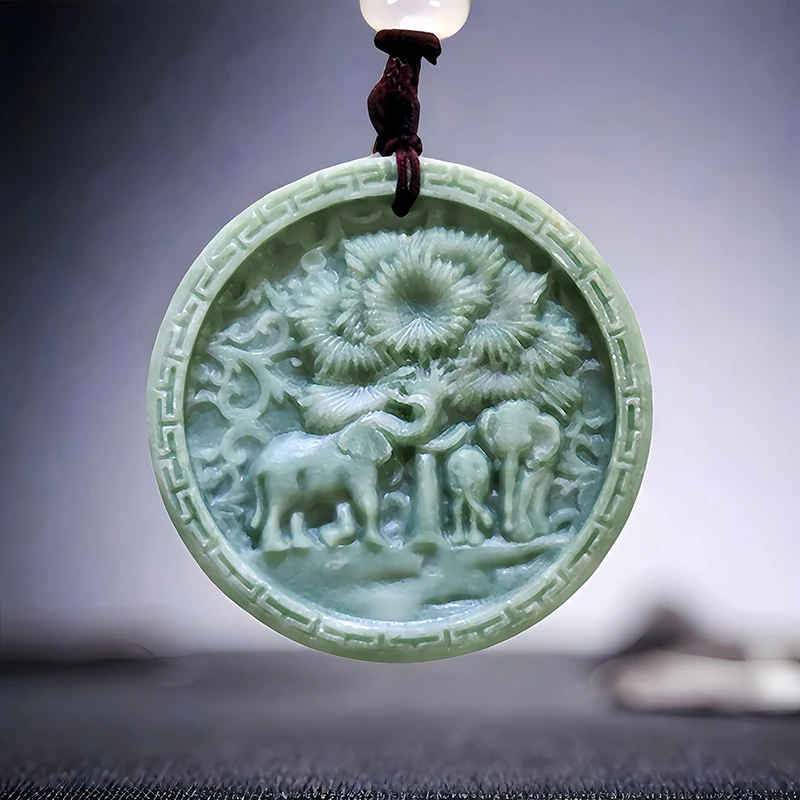 Green Natural Real Jade Elephant Pendant Necklace Carved Jewelry Gemstones Gift Charm Luxury Designer Chinese