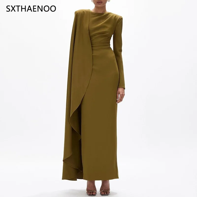 

SXTHAENOO Temperament Maxi Dress for Women O Neck Spliced Shawl Long Sleeve High Waist Spliced Zip Evening Dress Female Autumn